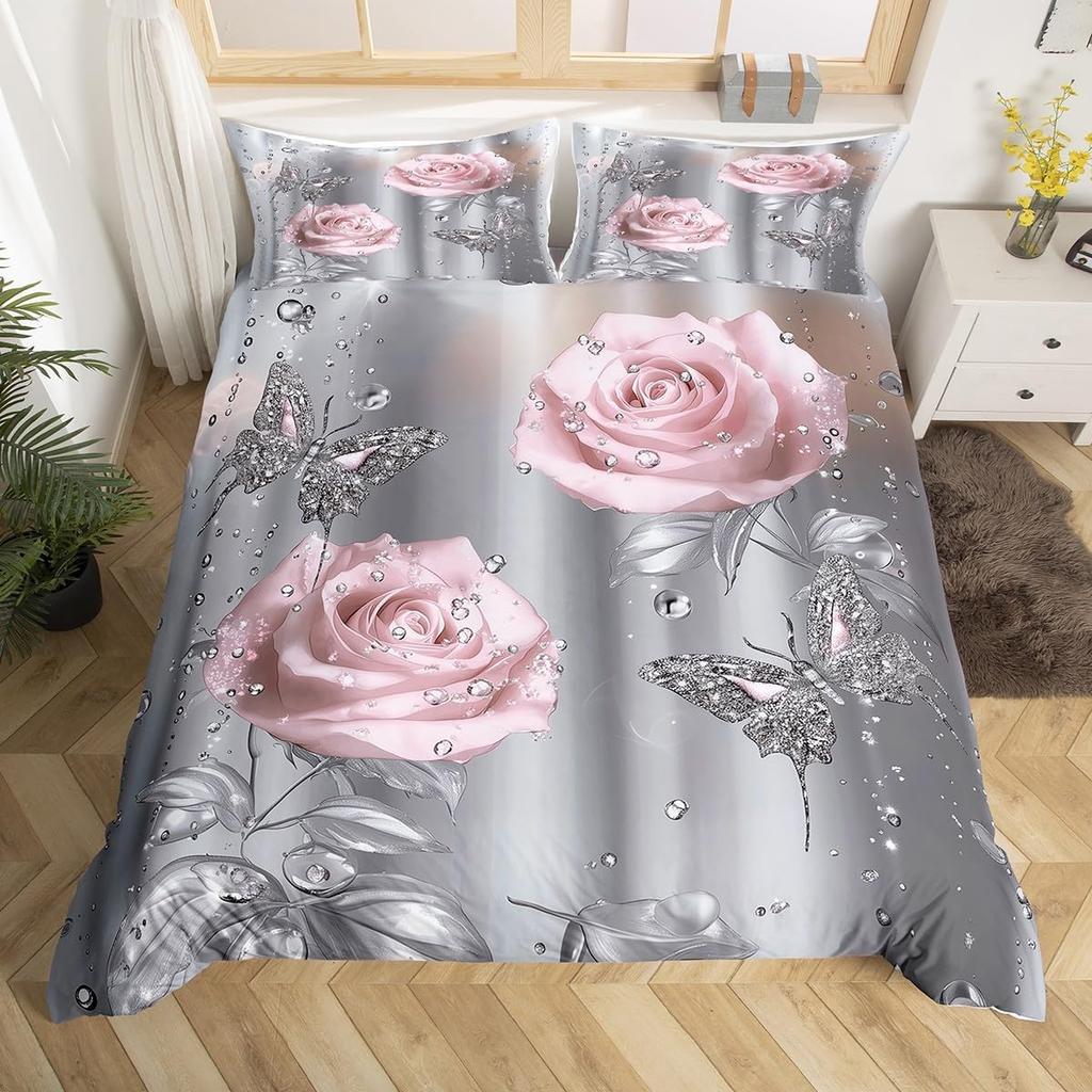 Rose Butterfly Duvet Cover Queen King Size Butterfly Valentine'S Day Quilt Cover Bedding 3 Pcs Rose Flower Quilt Cover 3 Pcs