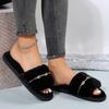 Fashion Crystal Decor Fluffy Home Slippers for Women Autumn Winter Soft Warm Plush Indoor Slippers Woman Non Slip Cozy Faux Fur Slides