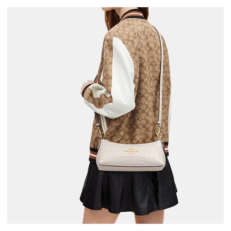 COACH Charlotte 25 Gold Logo Chain Zipper Pocket Crocodile Pattern Leather Pillow Bag Hand Crossbody Shoulder Bag Medium Women's Chalk White
