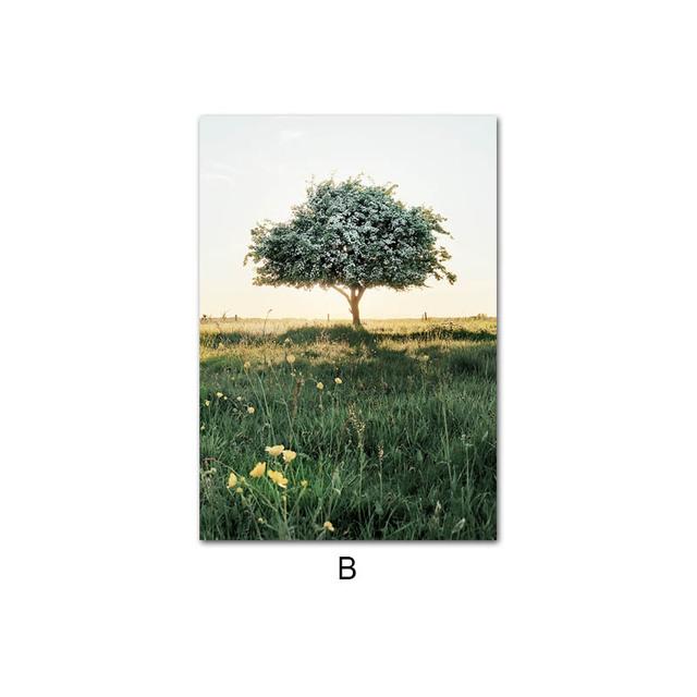 Дерево в скандинавском стиле, картина на холсте, солнечный свет, природа, пейзаж, постер, утренний восход, трава, настенная живопись, скандинавское украшение, картина