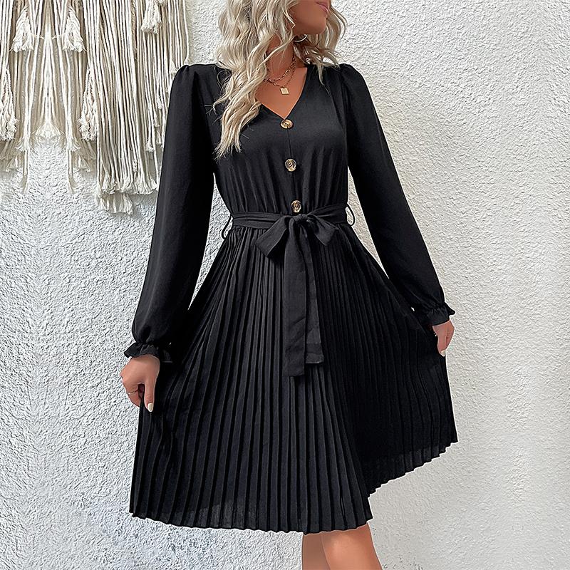Early Autumn Fashion Pleated Women's Black V Neck Long Sleeve Lace Up High Waist A Line Dress