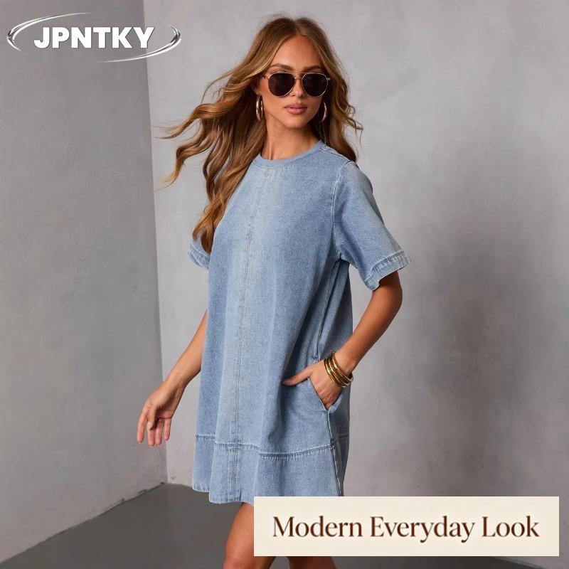 JPNTKY Модные Летние Весенние Однотонные Платья с Принтом, Короткий Рукав, Круглый Вырез, Повседневные