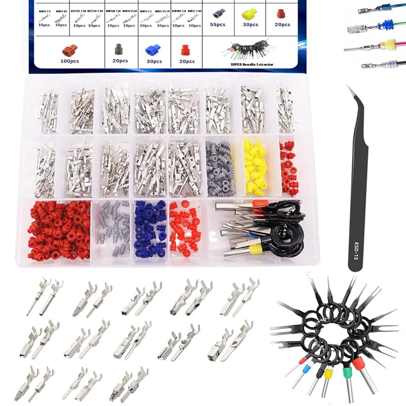 535PCS 26Type Pin Connectors Kit,Car Electrical Wire P 1/1.5/1.8/2.2/2.8/3.5mm Automotive Pin Connectors Kit Wire Removal Non-ulated Plug Male Female