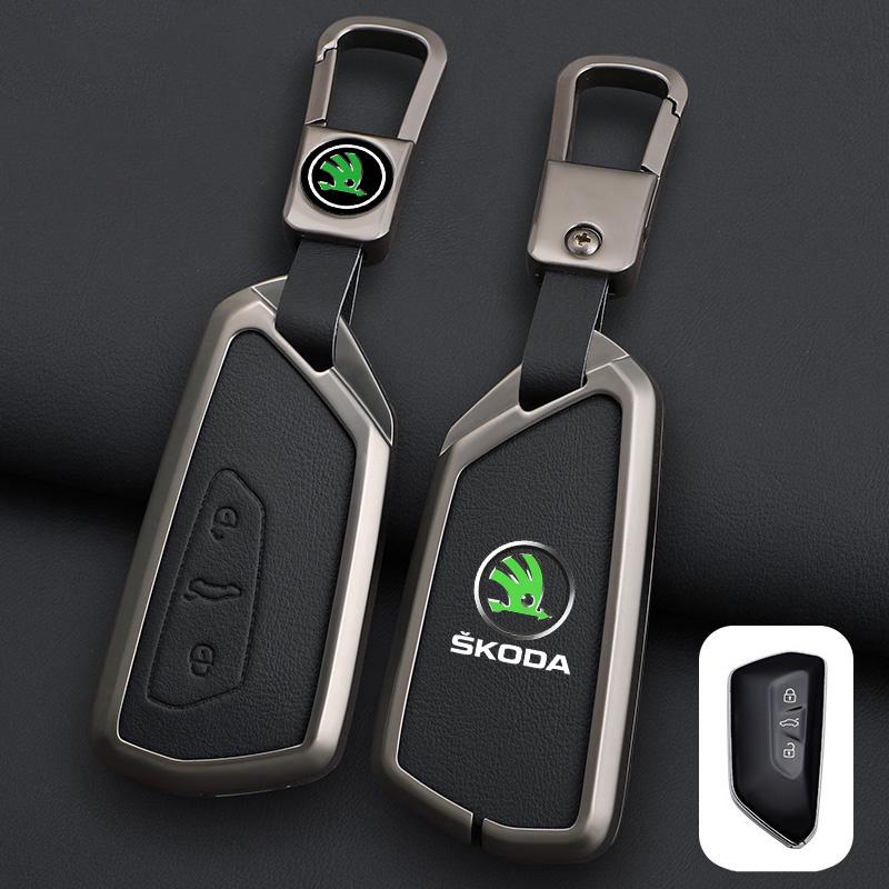 XOWS7 Zinc Alloy Leather Car Remote Key Case Cover Protector Shell Fob For Skoda Superb A7 Kodiaq Octavia A7 A8 Keychain Accessories