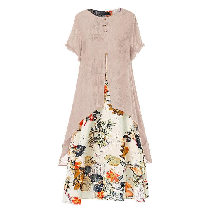 Элегантное платье с цветочным принтом из хлопка и льна, женская одежда больших размеров