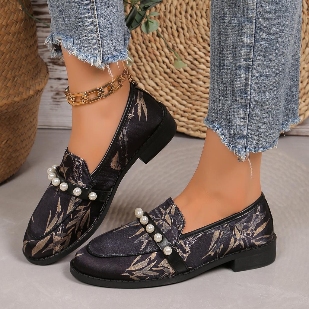 fashion Autumn New Women's Pumps Round Toe Low Heel Shoes for Women Slip on Anti-slip Loafers Outdoor Office Lady Pearl Platform Shoes