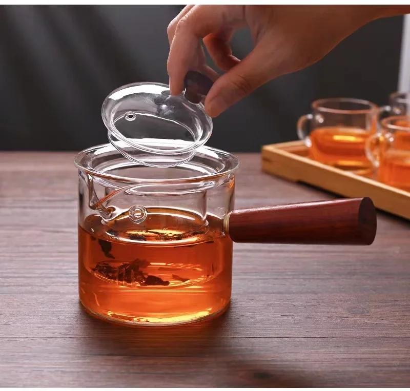 Японский стеклянный чайник с боковыми ручками Чайник с деревянными ручками Чайный сервиз в стиле кунг-фу Утолщенный чайник Интуитивный чайник