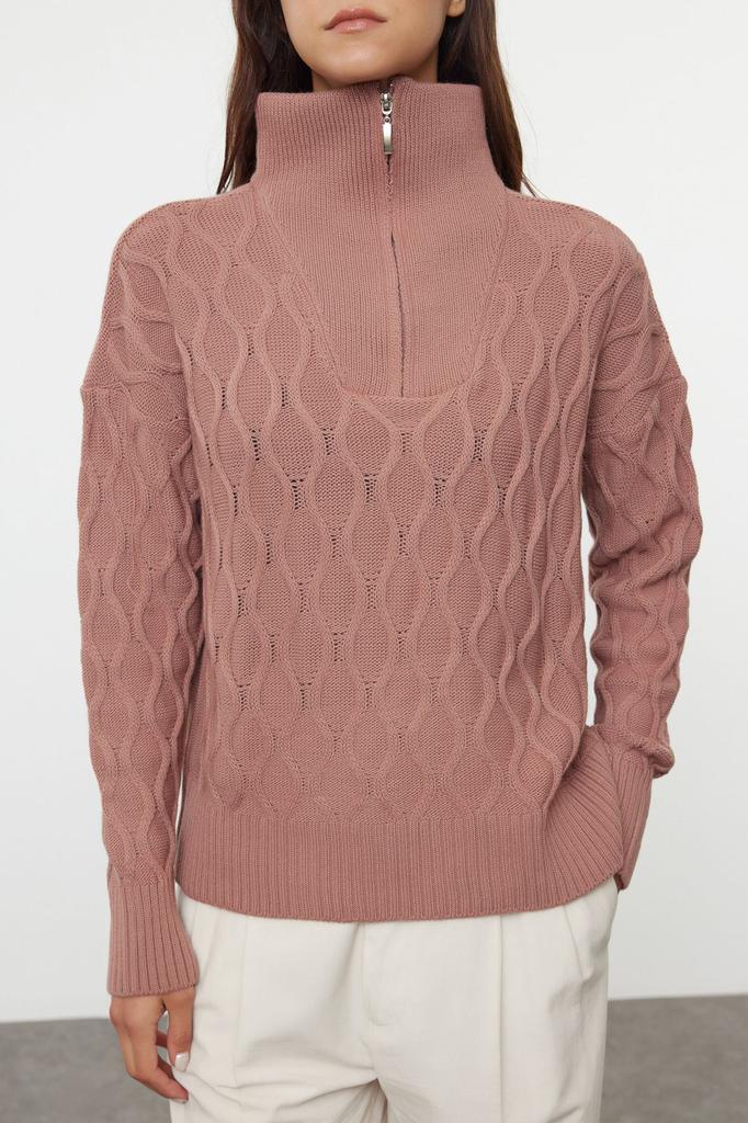 Women's Fashionable Stylish Sweater Dusty Rose Wide Pattern Hair Braided High Collar Knitwear Sweater