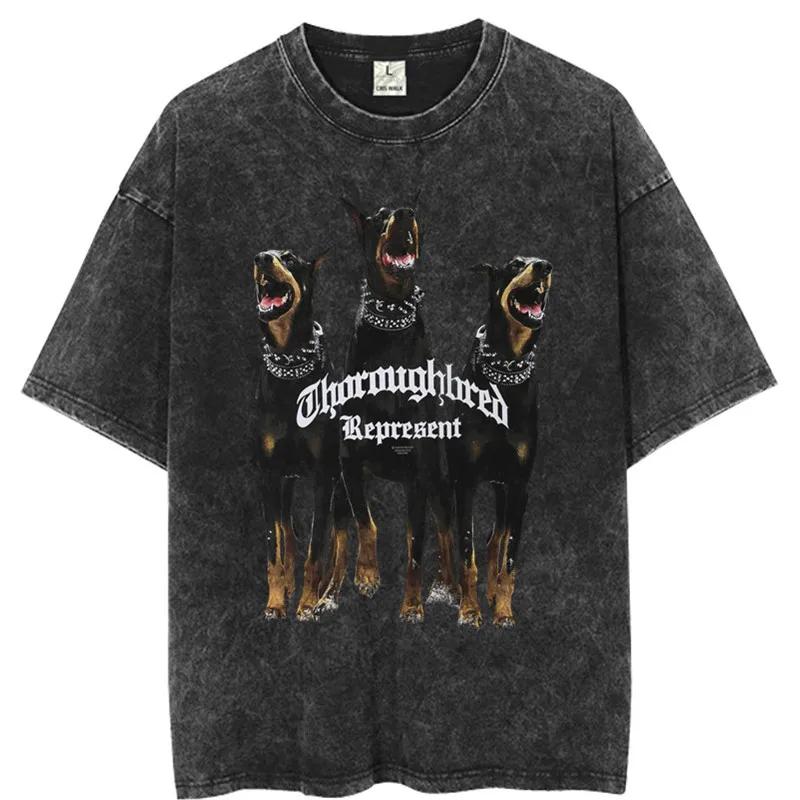 Мужские готические футболки Уличная одежда С принтом букв и собаки Панк топы Летние винтажные выстиранные футболки оверсайз с коротким рукавом