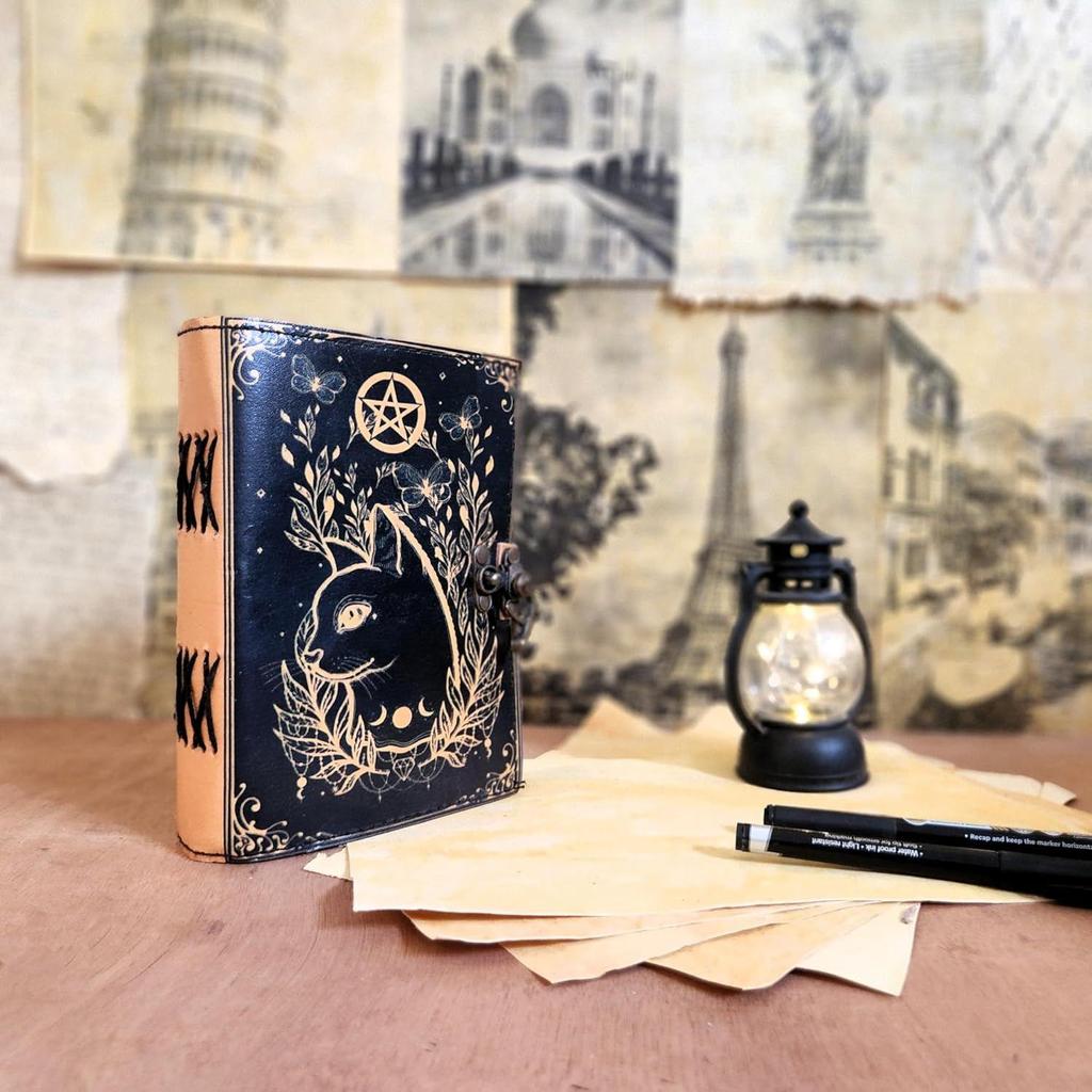 Cat Personalized Gift for Her Leather Dairy Journal Sketchbook Album with 100 Sheets of Deckle Edge Paper