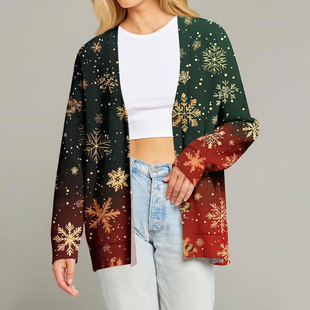 Женский модный кардиган с длинным рукавом, V-образным вырезом, на пуговицах, свободного кроя, с рождественским принтом
