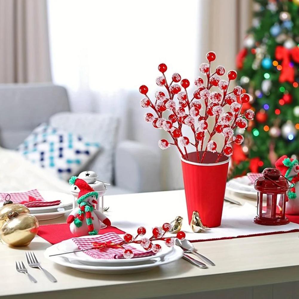 10Pcs Chritsmas Tree Pendant Christmas Artificial Berries Stem Holly Frosted Berry Picks for Xmas Tree New Year Party Home Decor