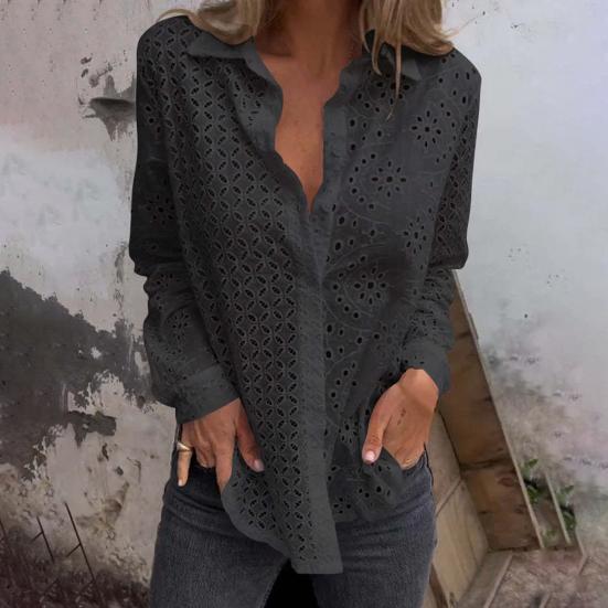 Women Shirt Lapel Long Sleeve Hollow Flower Pattern Shirt Tops Solid Color Loose Fit Single