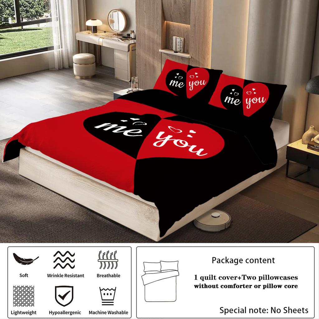 3-piece Set Red and Black ME and YOU Letters Pattern Printed Bedding Set for Bedroom Hotels Queen King Double Bed