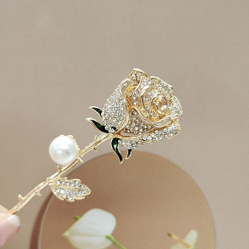 Elegant Rose Brooch with Diamonds & Pearls - Korean Style Suit Pin