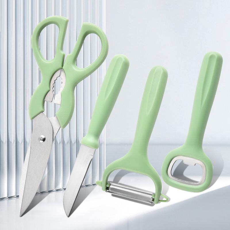 Four-Piece Kitchen Tool Set: Scissors, Can Opener, Grater, and Fruit Knife with Multi-functional Peeler and Melon Grater