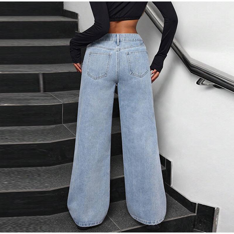 Light Blue Straight Leg Bow Jeans Women's High Waist Spring New Loose Drapey Wide Leg Denim Pants Casual Cotton Stretch