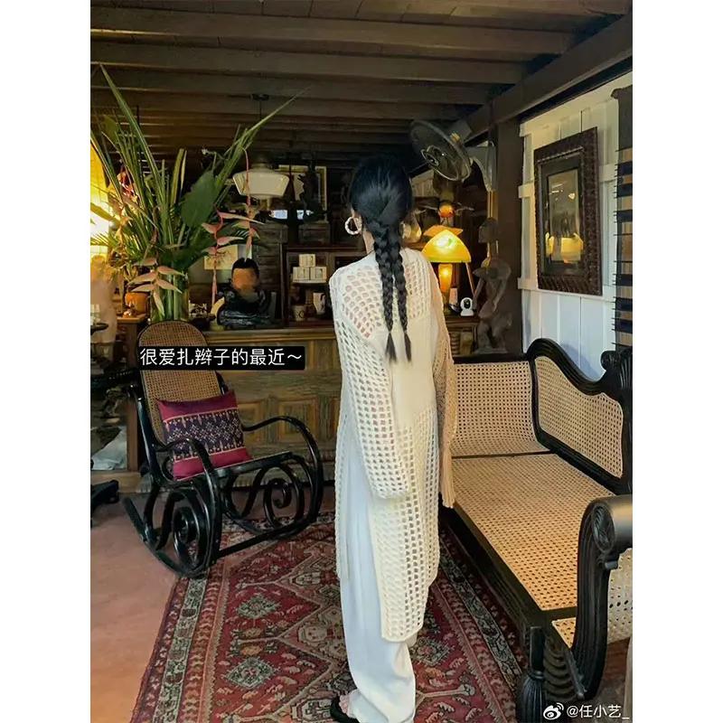 Летние платья-халатки осенние женские вязаные свитера платье женские ажурные сетчатые пуловеры прозрачные свободные топы с длинным рукавом