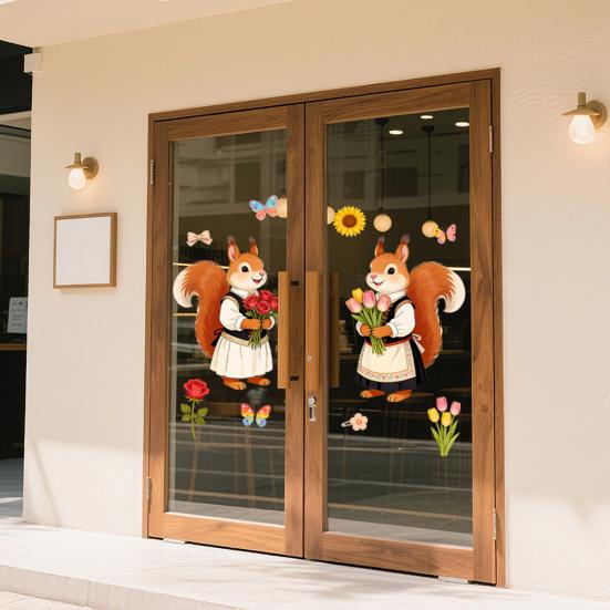 Spring Fox Window Clings Cartoon Fox Flowers Butterflies Glass Sticker Removable Cute Animal Window Decals for Home Office Shop