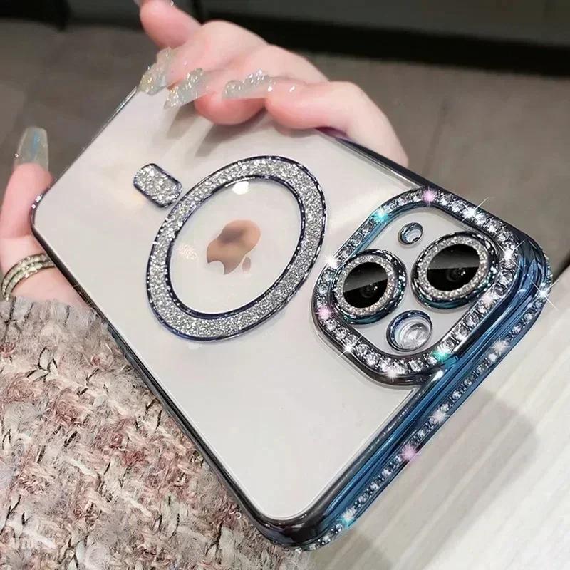 Clear Bling Crystal Phone Case For iPhone 16 15 14 11 12 13 Pro Max Plus For Magsafe Magnetic Wireless Charging Lens Film Cover