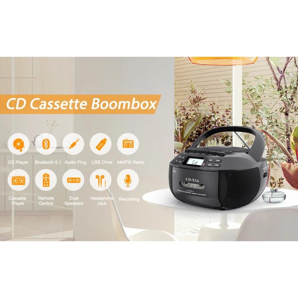 Портативный CD-бумбокс с кассетным плеером и диктофоном, CD-радио FM AM с Bluetooth и USB MP3, питание от сети AC/DC с пультом дистанционного управления