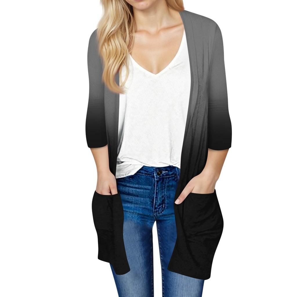 Женский модный свободный повседневный кардиган с принтом и карманами, куртка с рукавом семь восьмых, топ