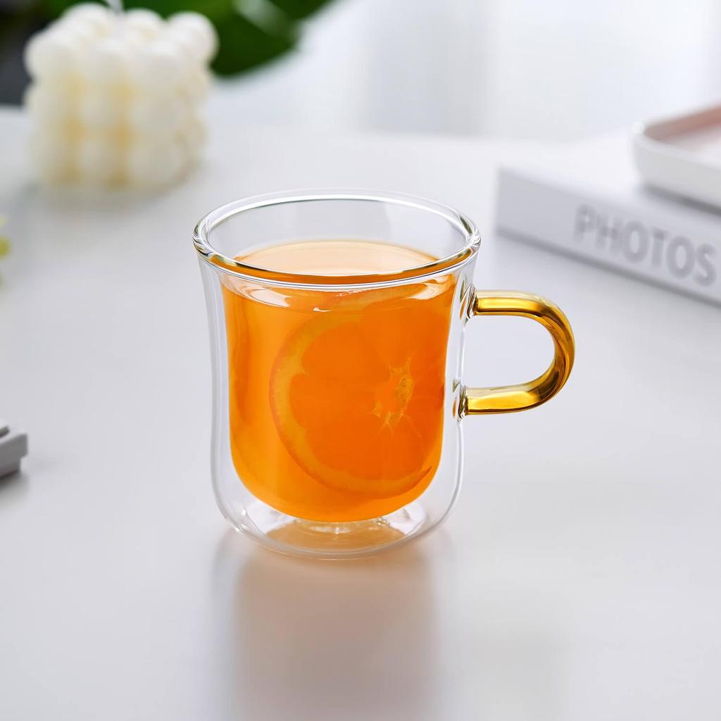 Pokaro Tea Double-Wall Heat-Resistant Glass Mug (1 Cup) with Amber Handle, 270ml Full Capacity, Heat-Resistant Glass, Iced Tea Glass, Double-Walled