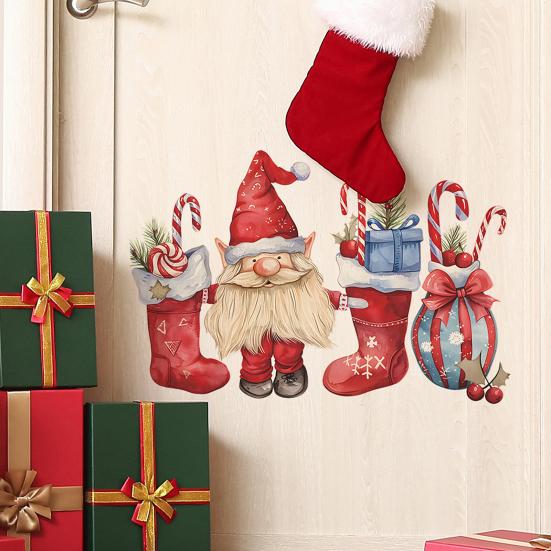 1 Sheet Christmas Wall Sticker Gnome Elf Stocking Candy Cane Gift Bag Waterproof PVC Self-adhesive Living Room Bedroom Holiday Wall Art Decoration
