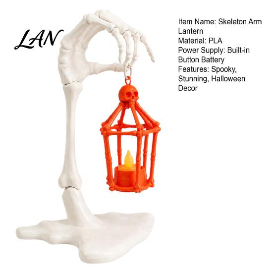 Battery Operated Flickering Light Skeleton Arm Lantern, 3D Printed Halloween Hand Holding Up Lantern Detailed Resin Bone Figurine with LED Candle for