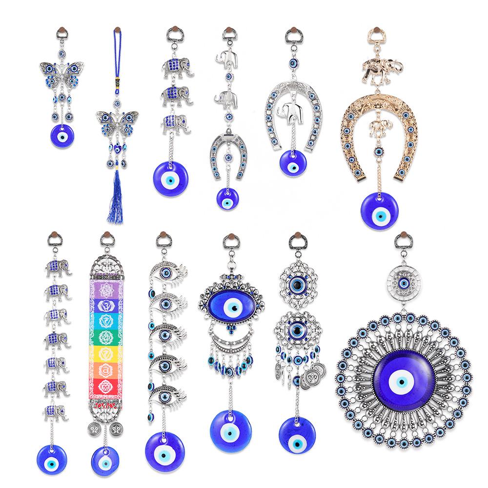 Turkish Blue Glass Eye Amulet Horseshoe With Elephant Ribbon Ethnic Wall Hanging Lucky Pendants Wind Chimes Home Car Decoration