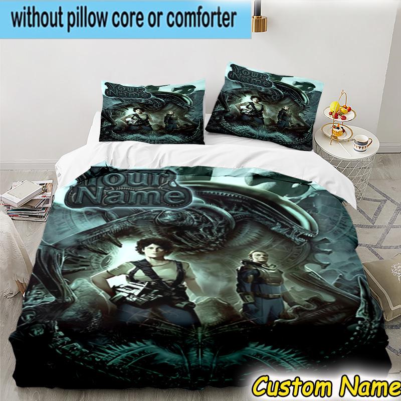 3pcs Custom Name Alien Fire Bedding Set Includes 1 Duvet Cover & 2 Pillowcases for All Seasons Dormitory Home Decor Christmas gifts