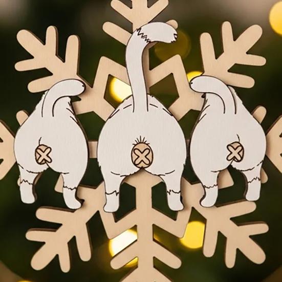 Рождественское украшение в виде снежинки с кошачьей попой, забавное деревянное украшение на елку с кошачьей попой