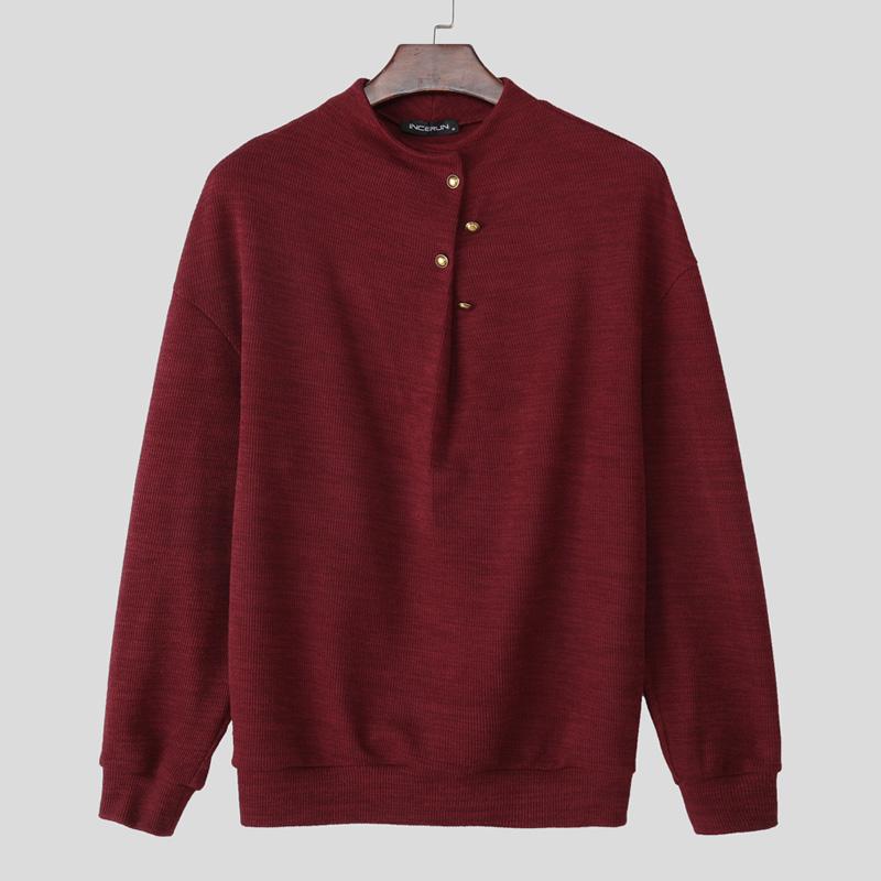 INCERUN Autumn Pullovers Men Stand Neck Long Sleeve Texture Rib Knitted Casual Tops