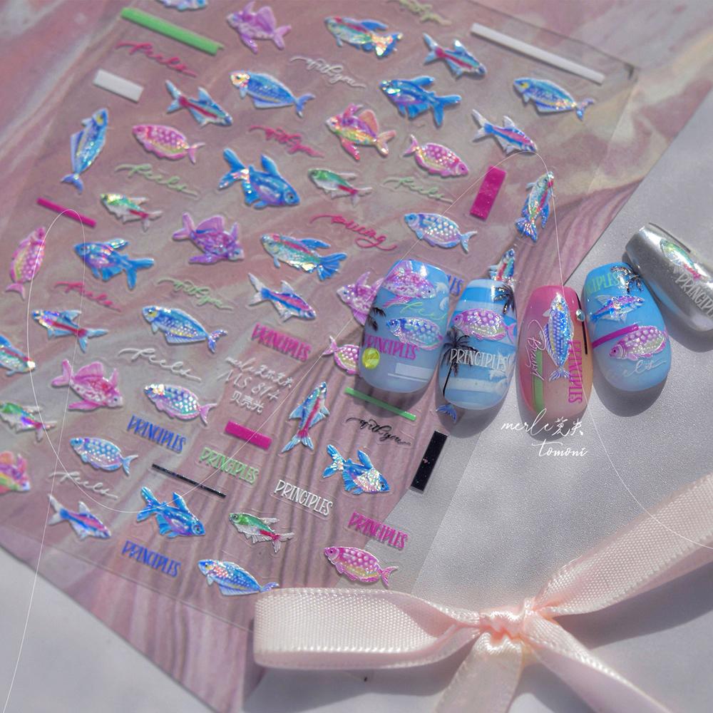 1pcs Ocean Marine Life Jellyfish Dolphin Shell Starfish Frangipani Ocean 5D Nail Art Stickers Embossed Nail Decals