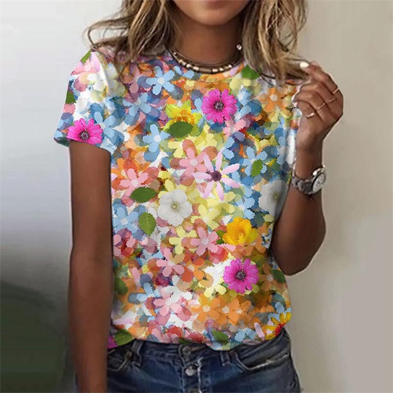 3D Printed Flower T Shirt For Women Floral Graphic Short Sleeves Summer Fashion Street O-Neck Tees Tops Loose Oversize T-Shirts