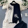 Autumn Winter Women Flower Pattern Knitted Sweater Trouser Two Piece Set O-neck Pullover Tops and Wide Leg Pant Tracksuit