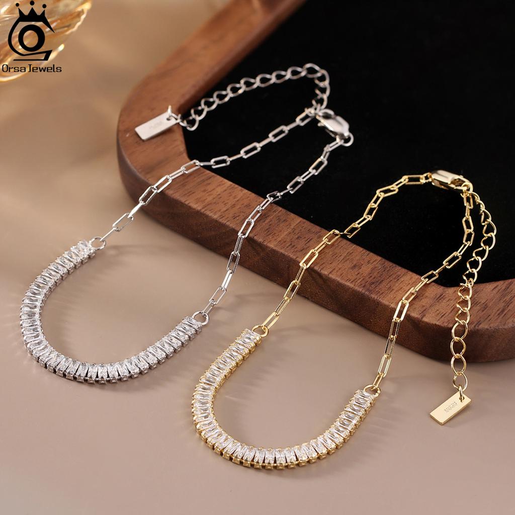 ORSA JEWELS 14-каратное золото 3,5*1,5 мм Изумрудная огранка Сверкающий 5A Кубический цирконий На цепочке-скрепке Браслет-теннис Ретро Подарок SB215