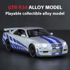 Модель легкосплавного автомобиля Nissan GTR-R34 в масштабе 1/32, светящиеся колеса и звуки двигателя, детская коллекционная гоночная игрушка, развлечение для фанатов гонок