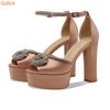 Fashion Rhinestone Twine Peep Toe Sandals Shiny Shoes Square Heel Cover Heel Platform Sandals Crystal Ankle Strap Women Stage Sandals