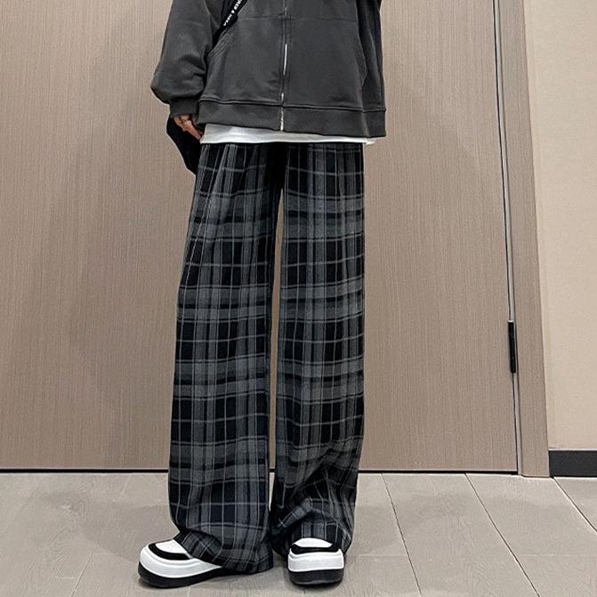 Women's Black & White Plaid Wide-Leg Trousers - Loose Fit, Floor-Length, Perfect for Spring/Autumn