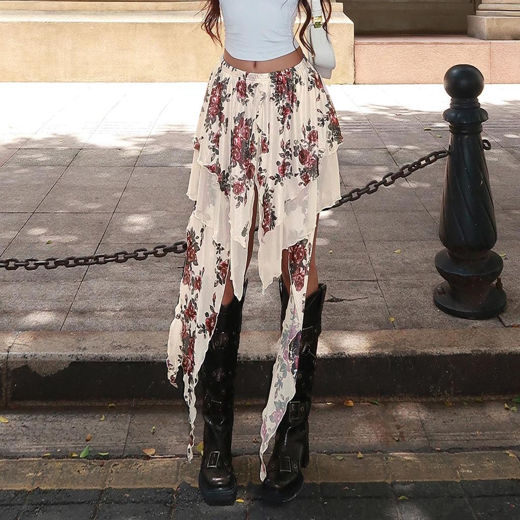 Европейский стиль 2024 года, макси-юбка с цветочным принтом, асимметричная, с двухслойными оборками