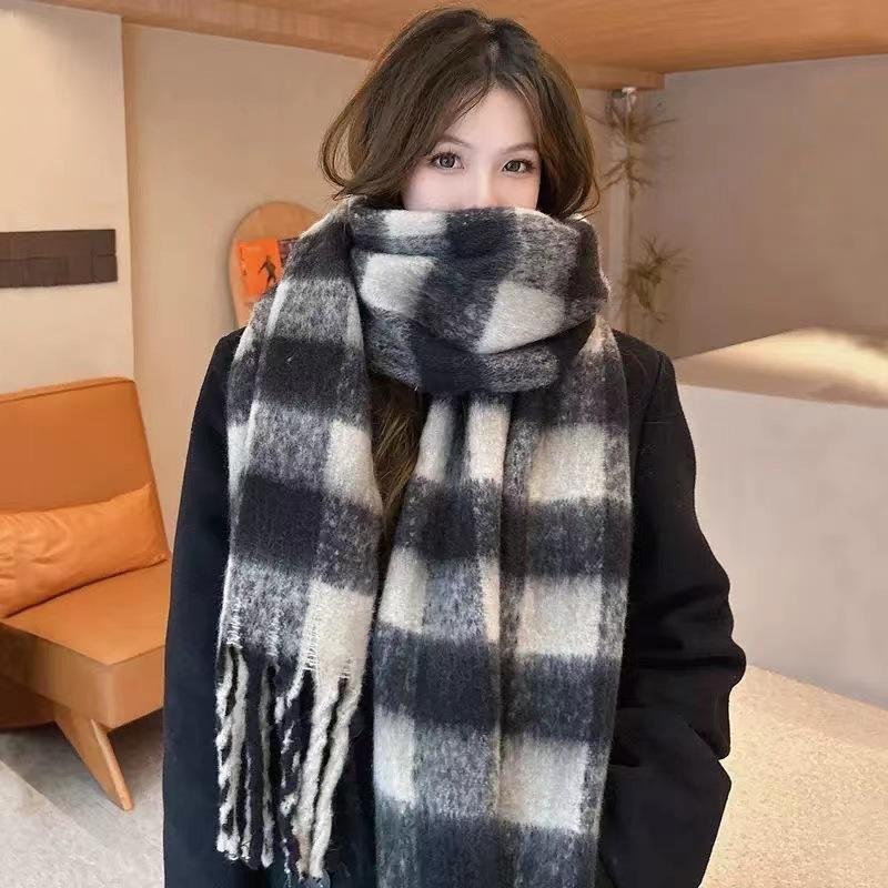 Cashmere Plaid Grid Scarf for Women Autumn Winter Thickened Warm Wrap Windproof Pashmina Scarves