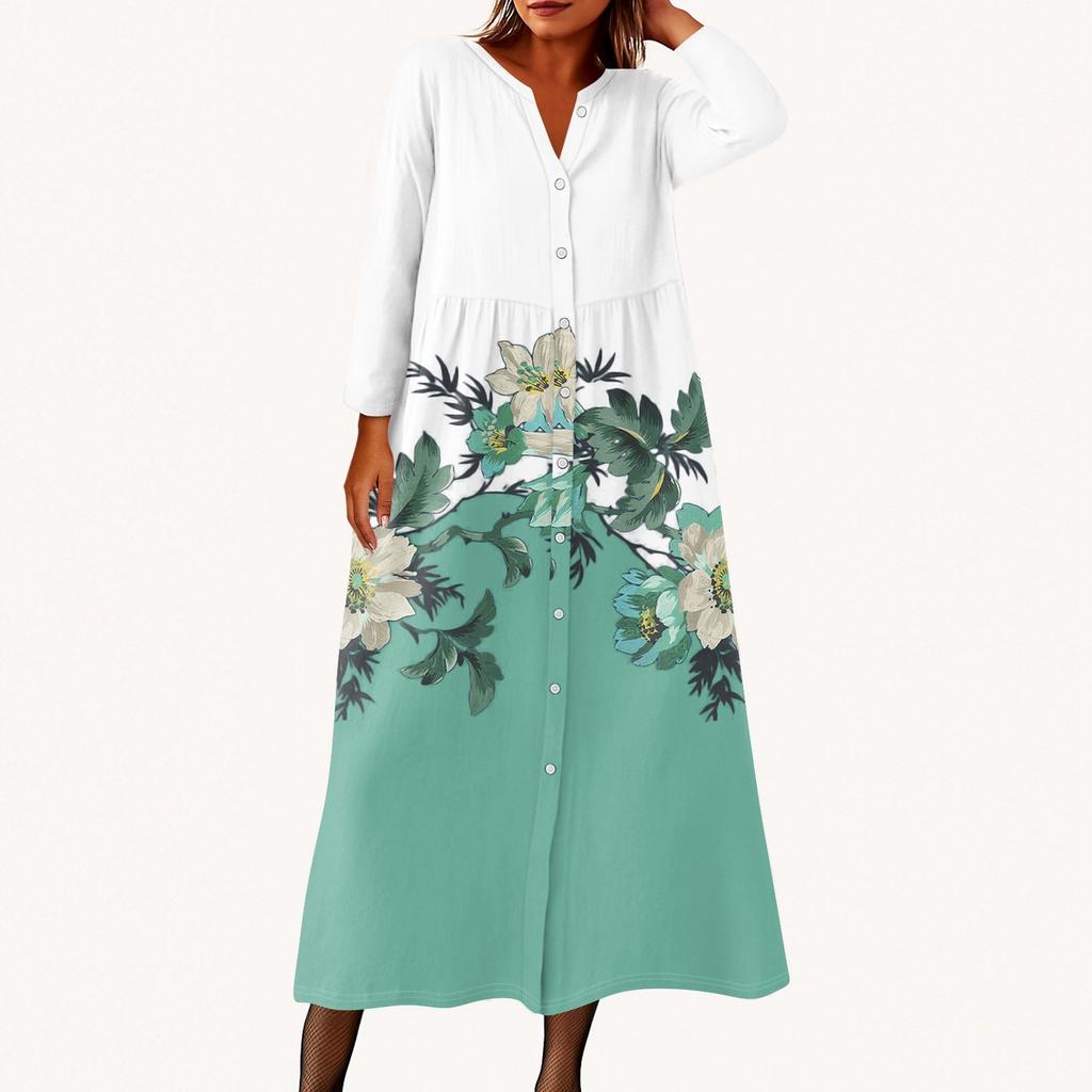 Женское модное платье-рубашка свободного кроя с принтом, круглым вырезом и рукавами семь четвертей на пуговицах