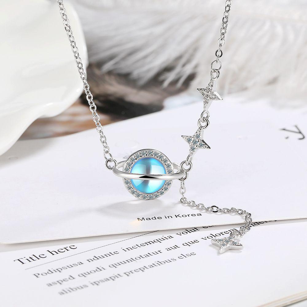 2026 Moonstone Planet Necklace Clavicle Chain Female Zircon Light Luxury Mori Autumn and Winter Star Moon Fringe Niche Design