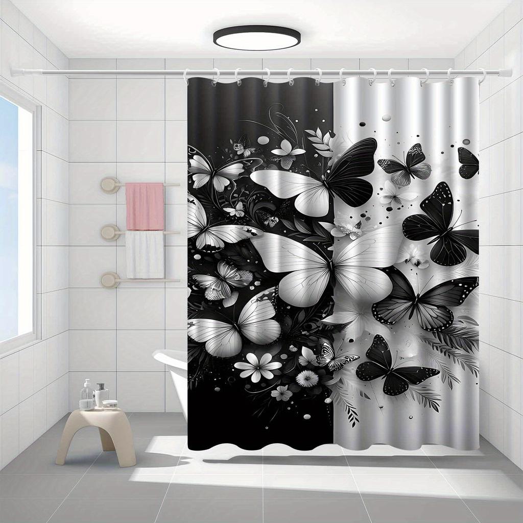 1pc Black and white butterfly and floral patterned shower curtain, polyester fabric, with hooks, suitable for bathroom décor.