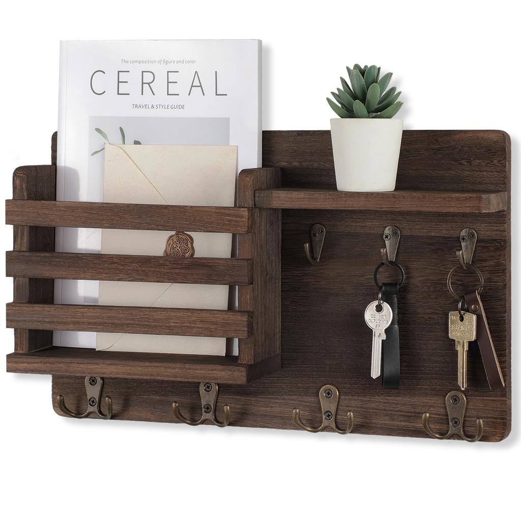 Mail Organizer for Wall Mount Rustic Wood with Key Hooks Hallway Farmhouse Decor Letter Sorter with Floating Shelf