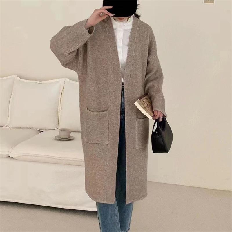 Autumn and Winter Lazy Wind In The Long Section of Large Pockets Sweater Female Retro Loose Thin Knitted Cardigan