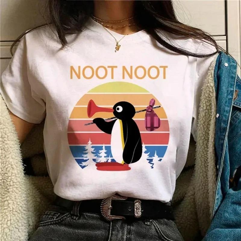2026 Funny Pingu Print Womens TShirt Unique Casual Cute Street ShortSleeve TShirt Breathable Womens Top Kawaii Clothing