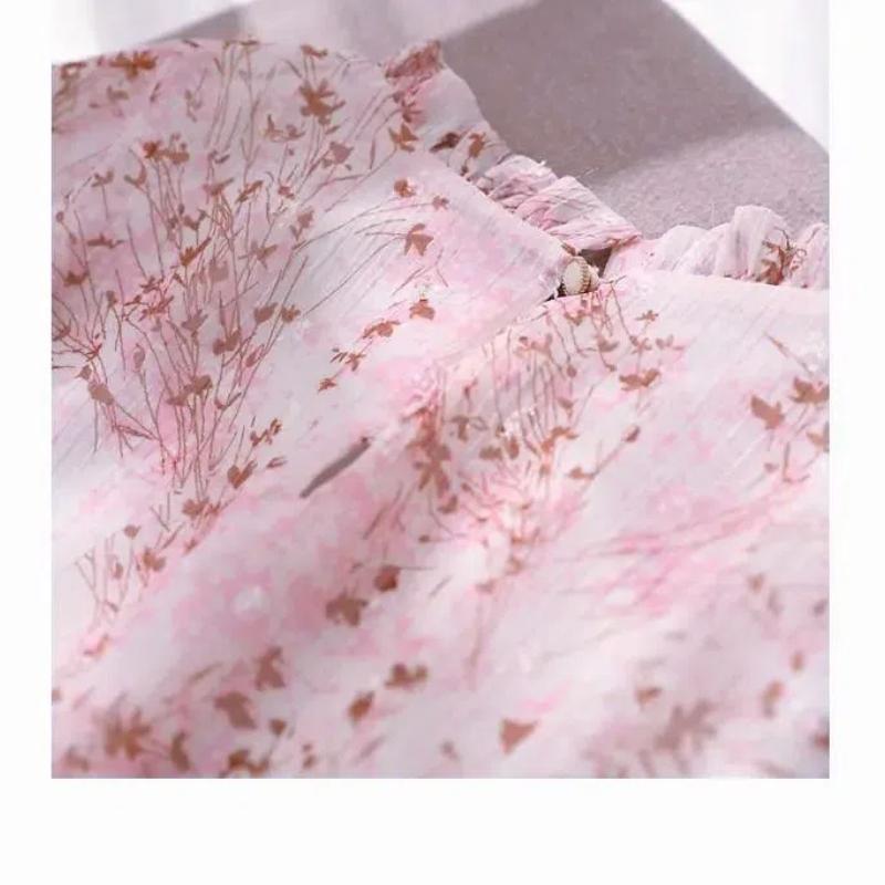 Весна 2025 Шифоновая блузка Ароматные рукава-буфы Женский топ Модная оборка Цветочный Свободный Цветочный