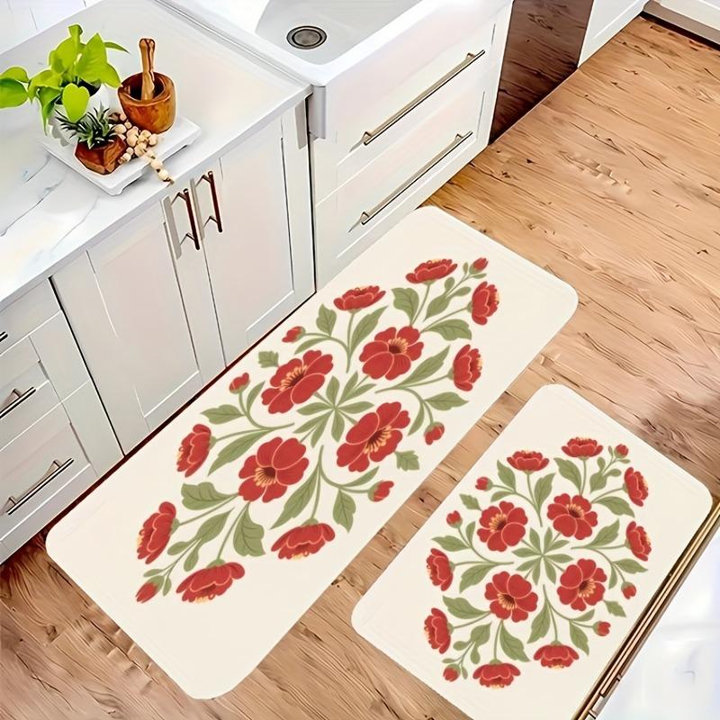 1 шт. Красный ковер для кухни с цветочным узором, Нескользящий придверный коврик, Поп-дизайн, Ковер для ванной, Коврик для ванной, Ковер для дома, Под раковину, Для прачечной, Декоративный